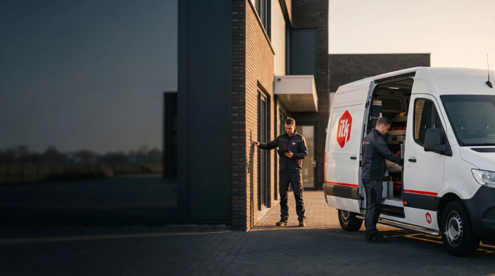 Bedrijfspand met zonnepanelen in een Twents landschap, beheerd door ITK Vastgoedbeheer